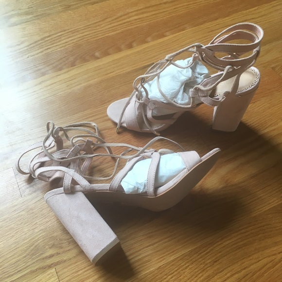 LOFT Pale Pink Faux Suede Lace Up Block Heels - Picture 2 of 5